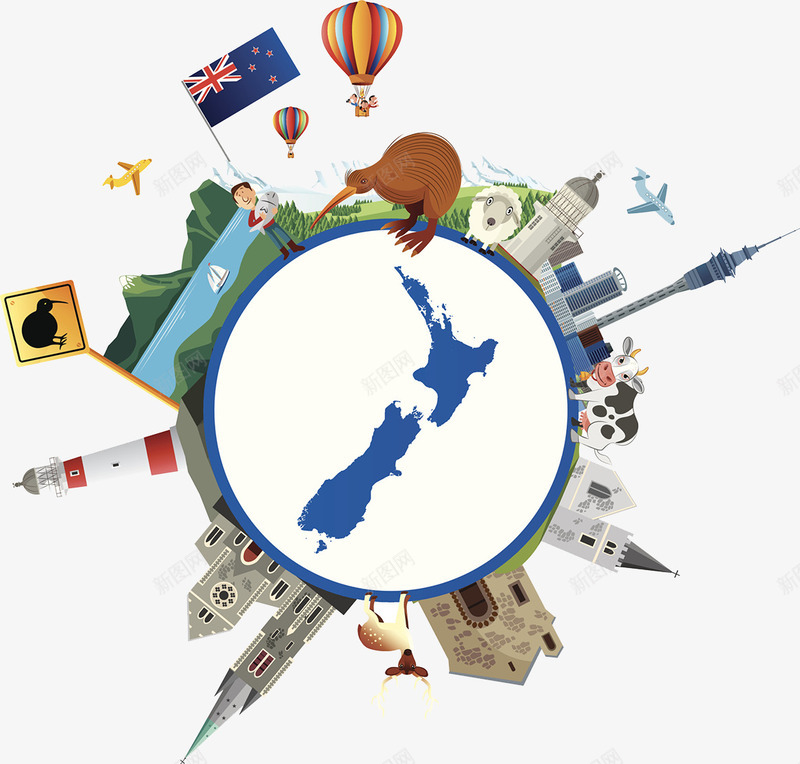 澳洲旅游插画png免抠素材_新图网 https://ixintu.com 新西兰地图 新西兰标志性 旅游 氢气球 澳洲