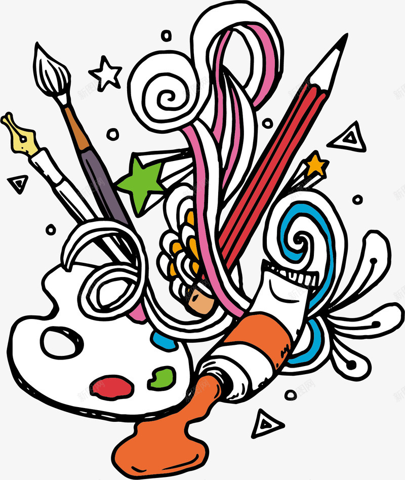 绘画工具涂鸦png免抠素材_新图网 https://ixintu.com 卡通 学习用品 工具 手绘 文具 毛笔 水彩 涂鸦主题 画画 画笔 笔 美术 美术用品 调色盘画笔