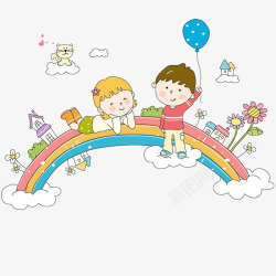聊天的女孩躺在彩虹上的小朋友高清图片
