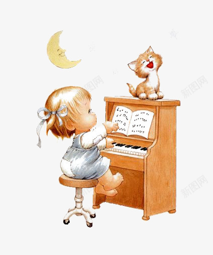 弹琴的小孩png免抠素材_新图网 https://ixintu.com 卡通 女生 小孩 弹琴 手绘 插画 猫咪 钢琴
