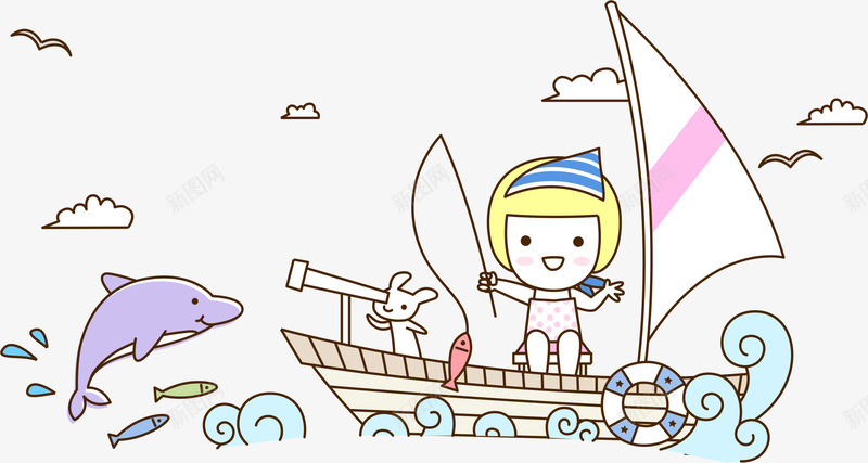 卡通航海png免抠素材_新图网 https://ixintu.com AI 卡通 夏天 天空 女孩 帆船 手绘 插画 海浪 海豚 白云 线条 航帆 航海