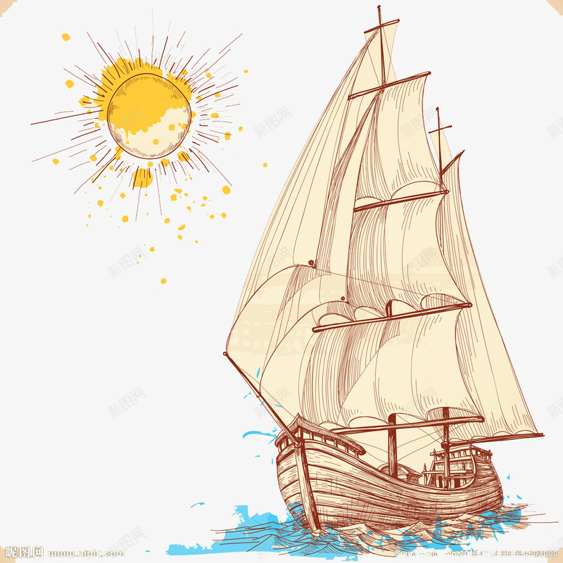 插画帆船png免抠素材_新图网 https://ixintu.com 大海 太阳 插画帆船 海洋