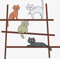 登高工具站在梯子上的4只猫高清图片