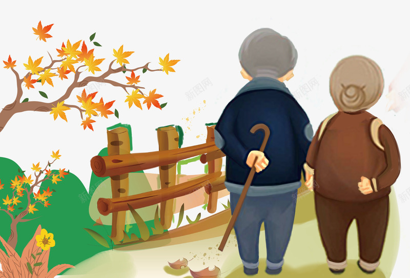 重阳节手绘老人插画psd免抠素材_新图网 https://ixintu.com  金婚纪念 99 九月初九 尊贤 手绘插画 敬老节 老人背影 重阳登高 重阳节 金婚纪念