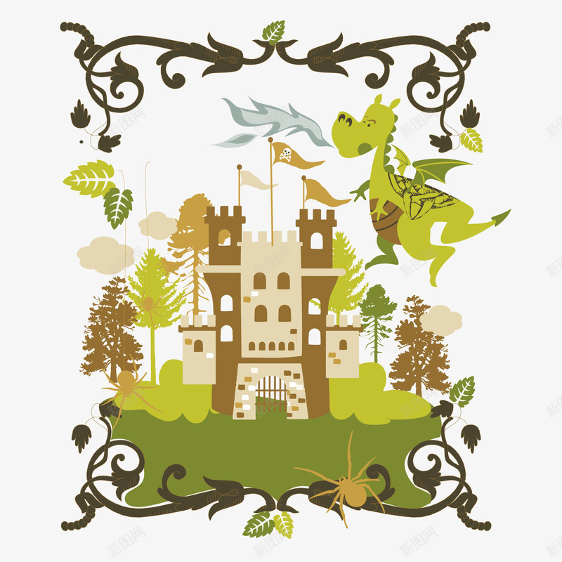 卡通绿色城堡元素png免抠素材_新图网 https://ixintu.com 园林 城堡 恐龙 旗子 树叶 树枝图案 树蔓 森林城堡 草地 装饰