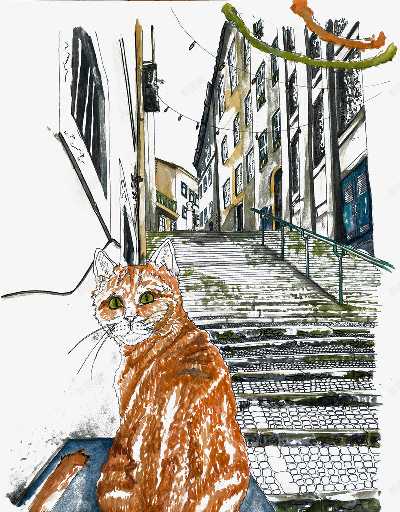 手绘小猫建筑物和台阶png免抠素材_新图网 https://ixintu.com 台阶 建筑物 手绘小猫