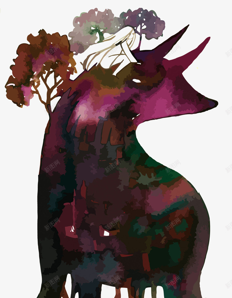 森林守护兽png免抠素材_新图网 https://ixintu.com PNG PNG免费下载 PNG图片 保护 女孩 守护 树木 树林 森林 水彩 紫色