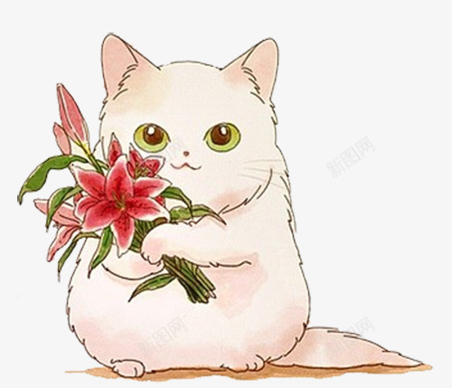 卡通线条小猫咪手捧鲜花png免抠素材_新图网 https://ixintu.com 卡通 小猫咪 手捧 线条 鲜花