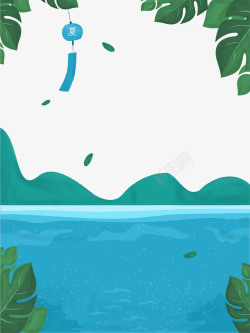 夏季树叶边框插画清新夏日湖泊插画高清图片
