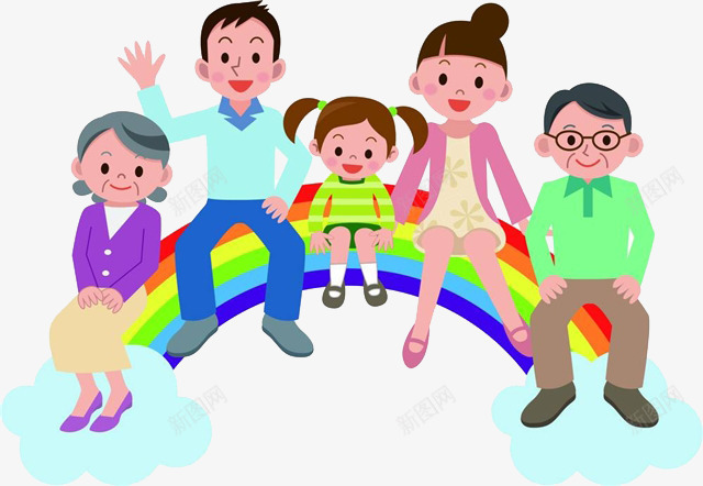坐在彩虹上的一家人png免抠素材_新图网 https://ixintu.com 卡通手绘 合照 奶奶和孙子 彩虹 温馨 装饰