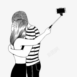 黑白简画拥抱的情侣拍照高清图片