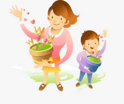 温馨家庭生活手拿花盆播种的母子高清图片