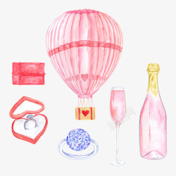热气球礼盒情人节手绘水彩节日元素高清图片