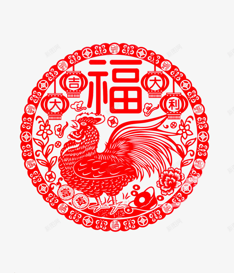 红色福字剪纸png免抠素材_新图网 https://ixintu.com 中国风 剪纸 福 红色 纹样 鸡