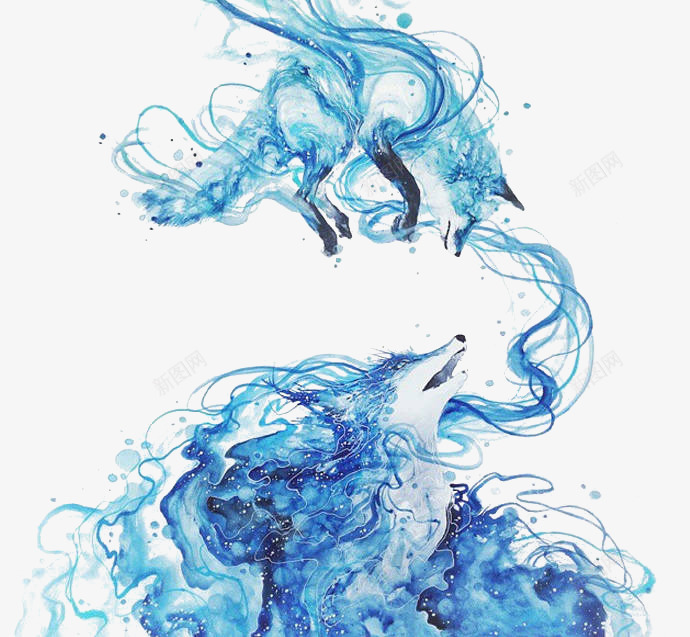 创意动物png免抠素材_新图网 https://ixintu.com 两匹狼 创意插画 动物 头狼 水彩 烟雾 绚丽 蓝色