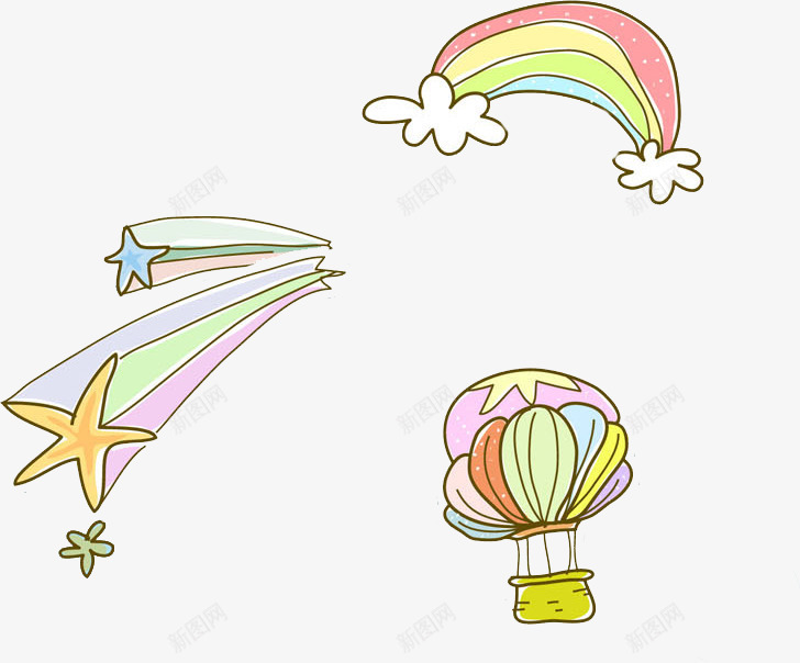 彩虹下的热气球png免抠素材_新图网 https://ixintu.com 五角星 卡通 彩虹 手绘 插图 热气球 装饰