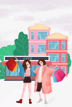 开心购物每一天女孩购物商场插画高清图片