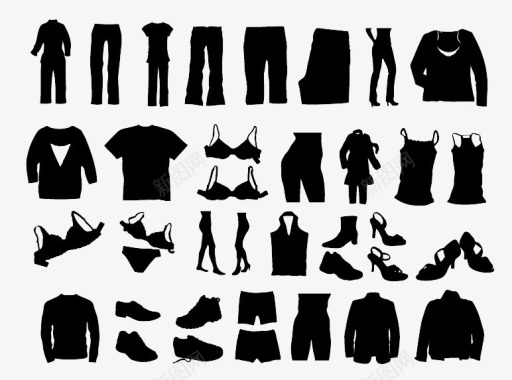 黑色各类男女服装和鞋靴样式元素图标图标