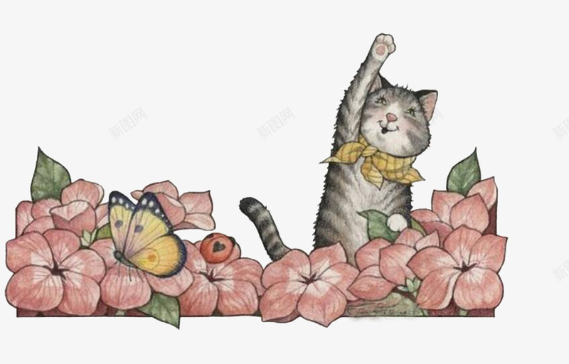 在花草中玩耍的小猫咪png免抠素材_新图网 https://ixintu.com 猫爪 花朵 蝴蝶
