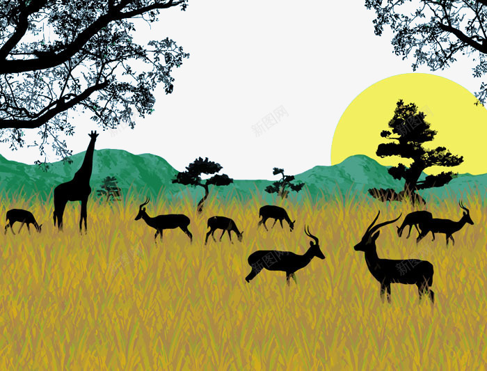 原始森林插画png免抠素材_新图网 https://ixintu.com 动物 动物群 原始森林 插画 日出 森林 森林插画 羚羊 野生动物 长颈鹿