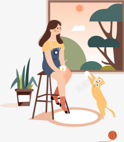 少女与猫插画少女风景可爱猫咪矢量图高清图片