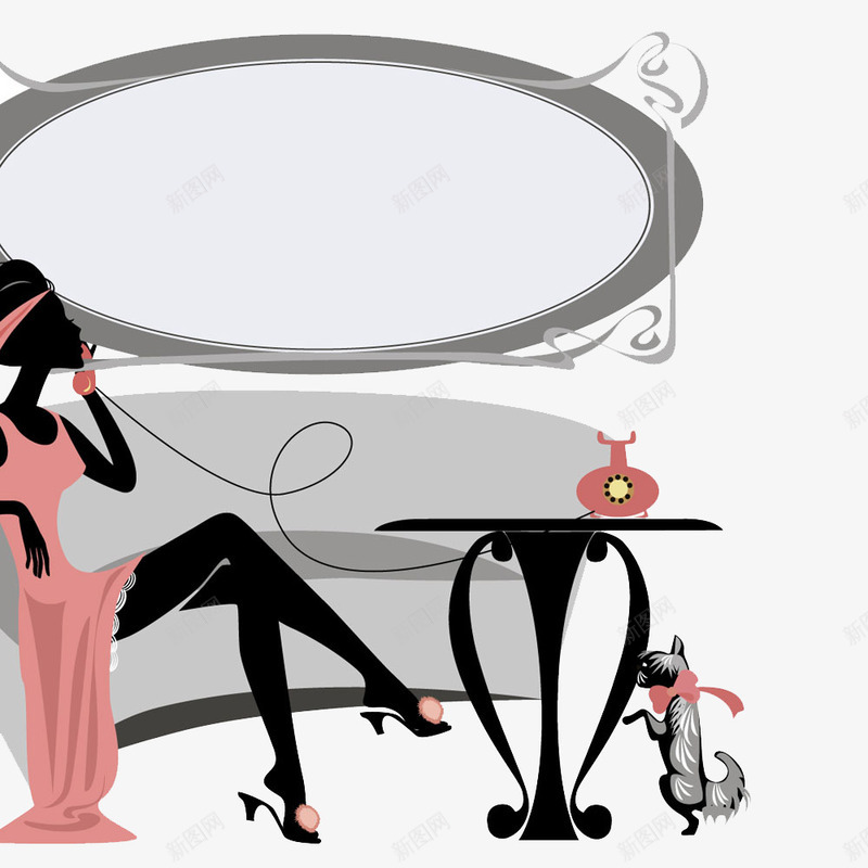 卡通时尚美女png免抠素材_新图网 https://ixintu.com 休闲 剪影 卡通 女人 小猫 手绘 时尚 桌子 电话 电话机 粉色裙子 美女 裙子 黑色