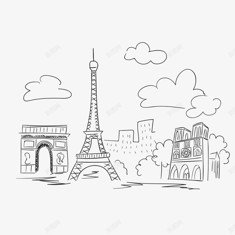 手绘巴黎景点png免抠素材_新图网 https://ixintu.com 城市 巴黎 建筑 手绘 旅行 景点 简笔画 线条 绿树 艾菲尔 艾菲尔铁塔手绘 铁塔