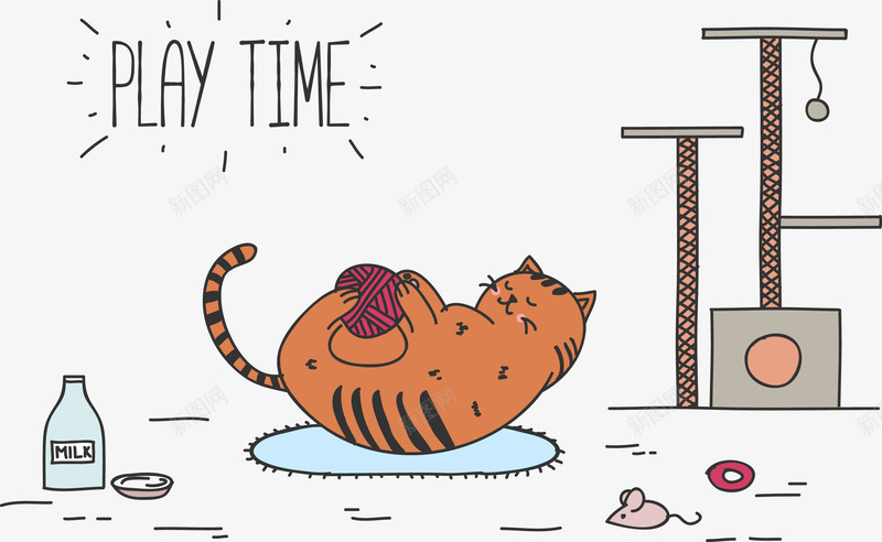 卡通老猫png免抠素材_新图网 https://ixintu.com 创意 卡通 小猫 彩绘 瓶子 线团 老鼠