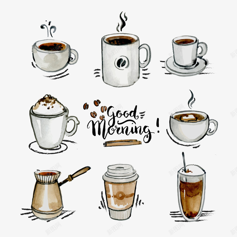 咖啡杯合集png免抠素材_新图网 https://ixintu.com 卡布奇诺 手绘 早上 装饰