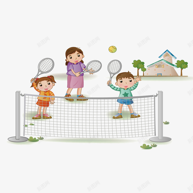 打网球的三人png免抠素材_新图网 https://ixintu.com 家庭人物 小朋友 网球运动 风景插画