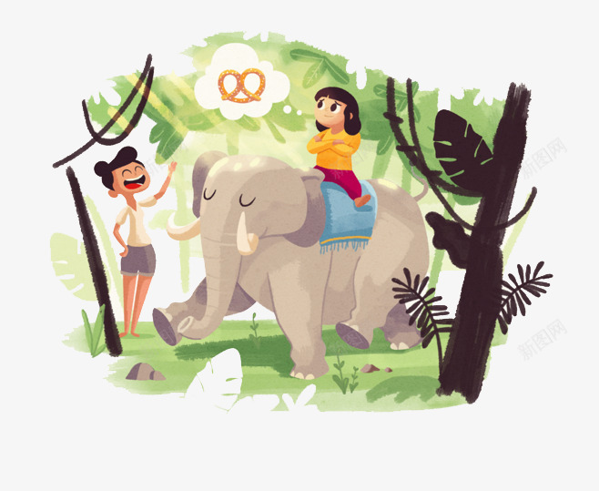 骑大象的女孩png免抠素材_新图网 https://ixintu.com 卡通 大象 女孩 手绘 旅游 森林 男孩