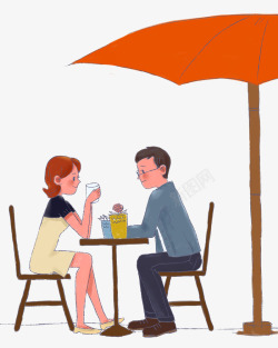 喝咖啡的女人插图手绘人物插图咖啡馆伞下喝饮料的高清图片