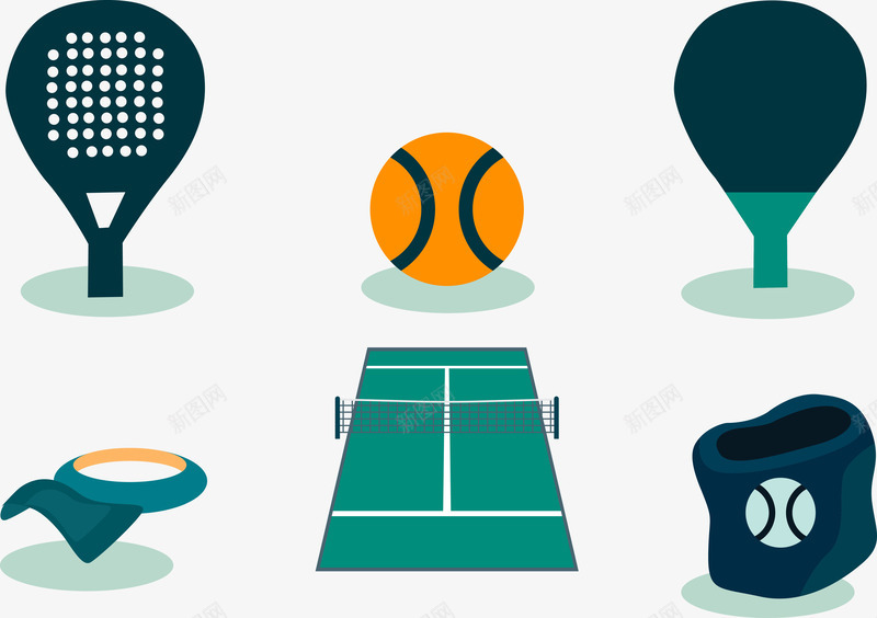 网球用品合集png免抠素材_新图网 https://ixintu.com 卡通 扁平 护腕 球拍 网球场