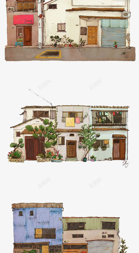 街景png免抠素材_新图网 https://ixintu.com 卡通 复古 建筑 房子 手绘 插画 文艺 清新 街景