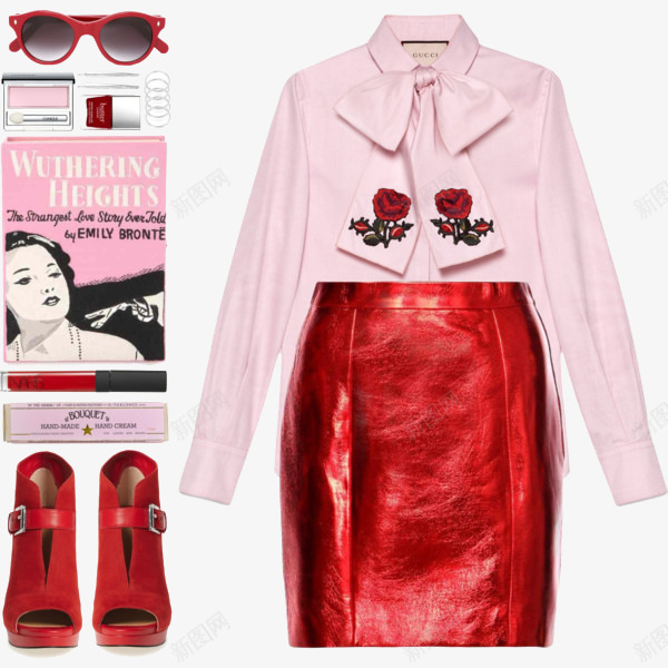 粉色衬衣和红色半身裙png免抠素材_新图网 https://ixintu.com 服装搭配 粉色衬衣 红色半身裙
