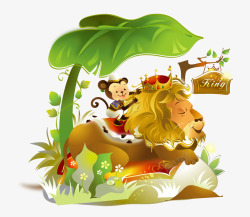 彩色梦幻狮子猴子森林植物素材