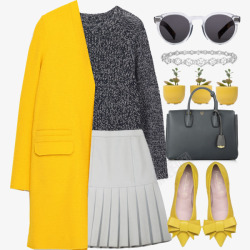 黄色裙装搭配黄色外套和毛衣高清图片