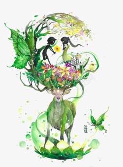 绿色的小鹿唯美童话高清图片