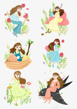 立春插画设计春分女孩花朵树叶船高清图片