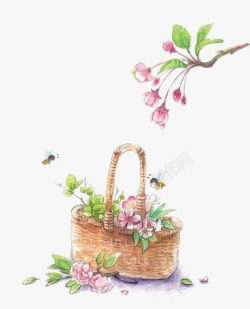 水彩蜜蜂手绘桃花高清图片