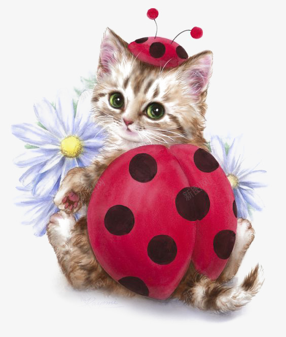 瓢虫猫咪png免抠素材_新图网 https://ixintu.com 创意 卡通 手绘 插画 植物 猫咪 瓢虫 花朵