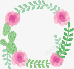 粉色蔷薇花仙人掌花藤圈素材