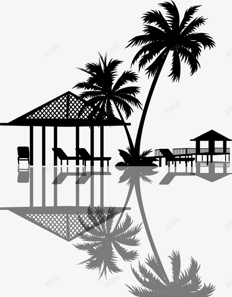 度假屋和椰子树倒影png免抠素材_新图网 https://ixintu.com 倒影 度假屋 椰子树 海边 黑色