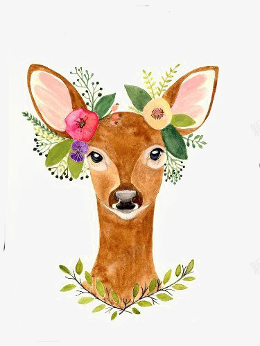 水彩植物小鹿png免抠素材_新图网 https://ixintu.com 卡通 小鹿 手绘 插画 森林 花卉