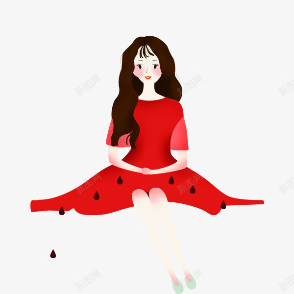 穿红裙子的女生png免抠素材_新图网 https://ixintu.com 卷发 女生 手绘 红色裙子