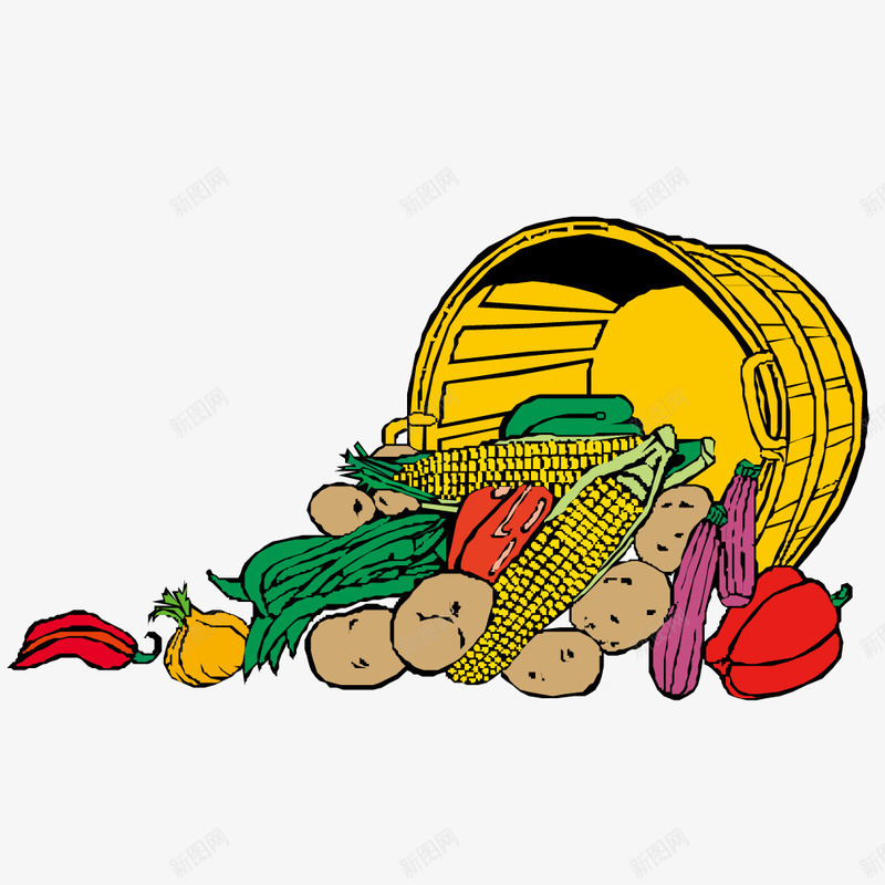 水果大合集png免抠素材_新图网 https://ixintu.com 打翻的水果 水果蔬菜插画 黄色木桶