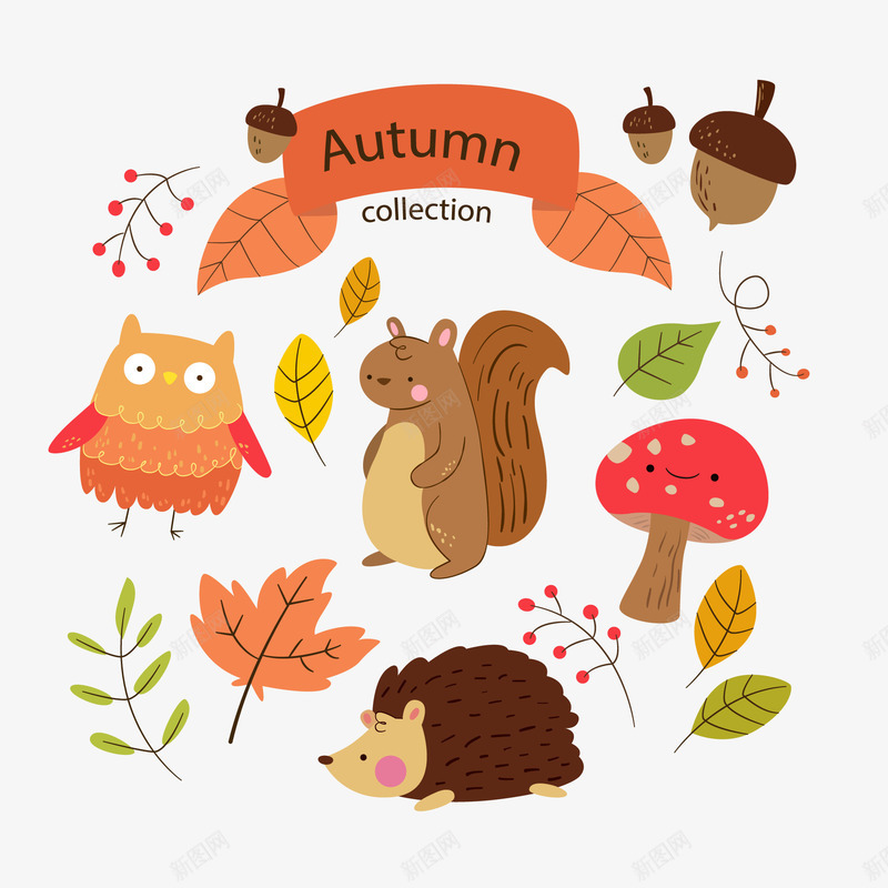 可爱秋季叶子和动物png免抠素材_新图网 https://ixintu.com 刺猬 动物 卡通 可爱 叶子 松果 猫头鹰