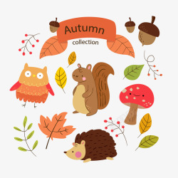 可爱秋季叶子和动物素材
