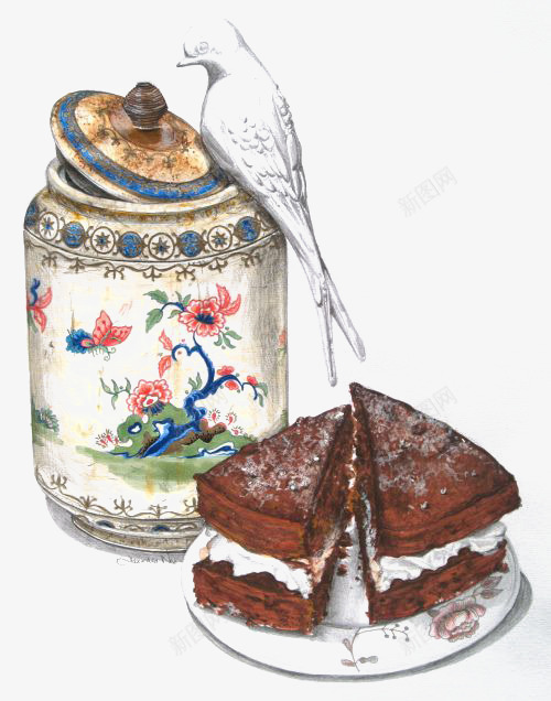 陶罐png免抠素材_新图网 https://ixintu.com 下午茶 复古瓷器 手绘瓷器 手绘美食 甜点 白色小鸟 美食 美食插画 蛋糕