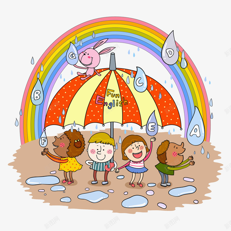 雨伞下的孩子png免抠素材_新图网 https://ixintu.com 儿童 兔子 卡通 小雨滴 彩虹 玩耍 雨伞 高兴地